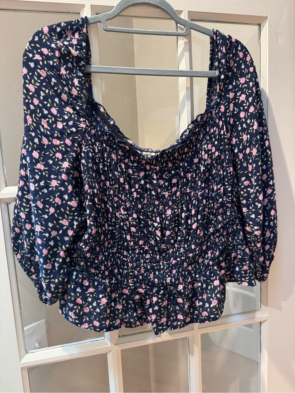 miami Navy Floral Smocked Peasant Top with Pink Blossoms